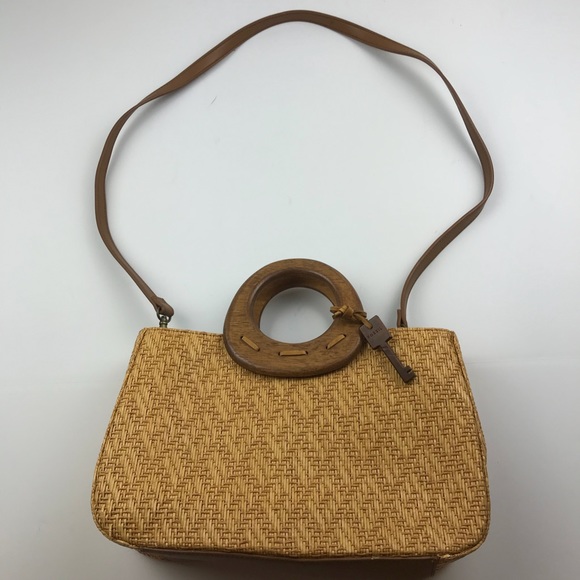 Fossil Straw Woven Crossbody Purse Wood Handle - Picture 2 of 8